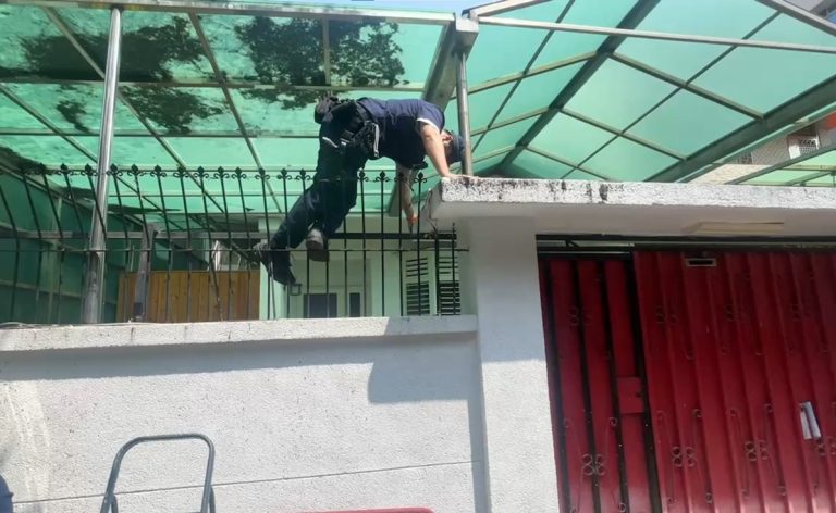 ▲圖說：民權派出所警員賴丁嘉借來梯子，從欄杆上翻入屋內救出歐男 （圖／台中市政府提供）