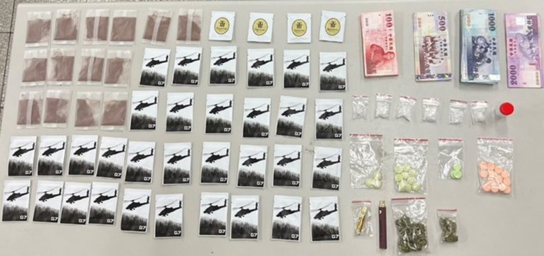 ▲圖說：警方現場查扣毒品咖啡包、愷他命、大麻、哈密瓜錠、鴛鴦錠、大麻吸食器、現金7萬餘元等證物 （圖／台中市政府 提供）