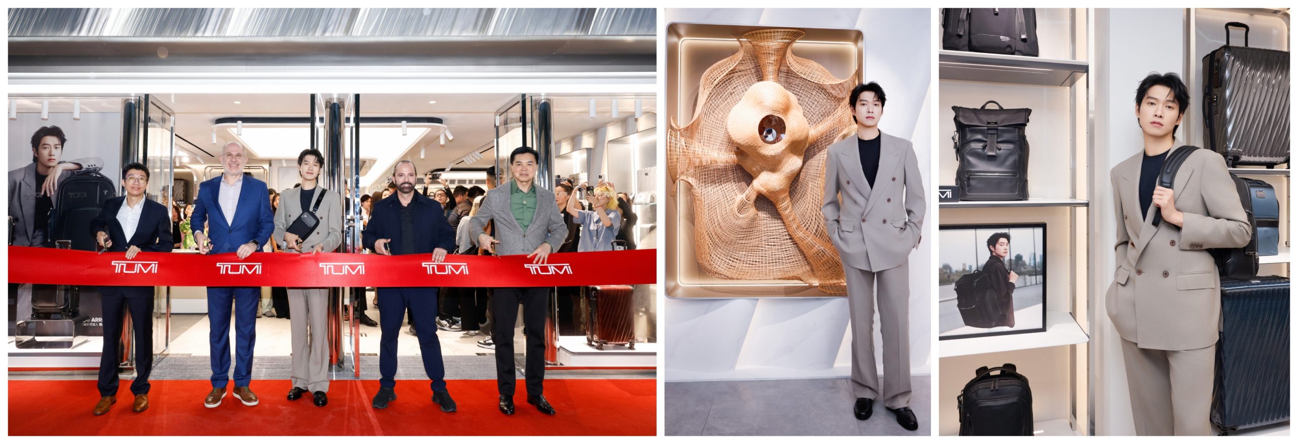 （左）TUMI 中國區高級總監 Julian Yung、亞太及中東區副總裁 Aris Maroulis、TUMI 亞太區品牌大使魏大勛、TUMI 創意總監 Victor Sanz、上海商城執行副總裁兼營運總監 Byron Kan (Jian Bailuan) 共同出席剪綵儀式。 （右）TUMI 亞太區品牌大使魏大勛出席 TUMI 全新上海旗艦店