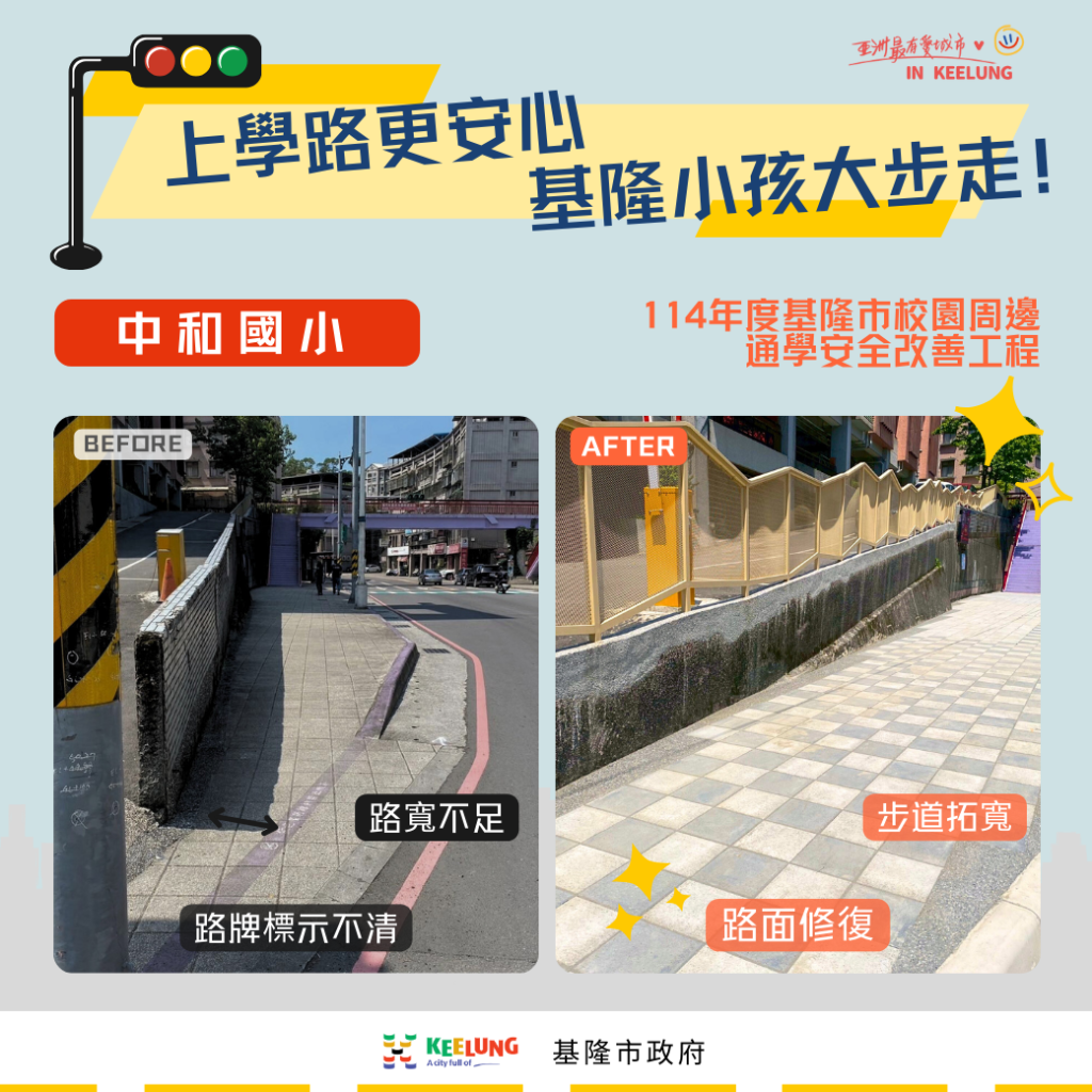 基隆斥資3400萬改善通學路面寬度，武崙、建德國中小及中和國小步道完工！