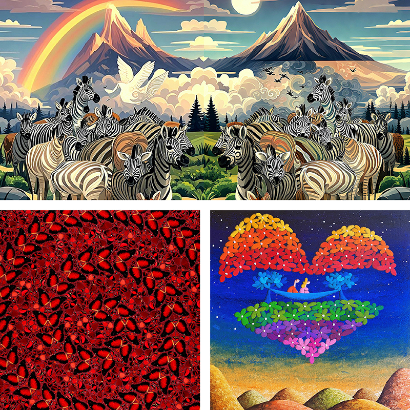 (上方) 族群 7 (局部), 劉力國, 房間4510; (左下) Taytu Betul (局部), Damien Hirst, TANYA BAXTER CONTEMPORARY, 房間4507 & 4508; (右下) Journey of Being Deeply in Love and Side by Side (局部), Coplu, 於藝畫廊, 房間4512