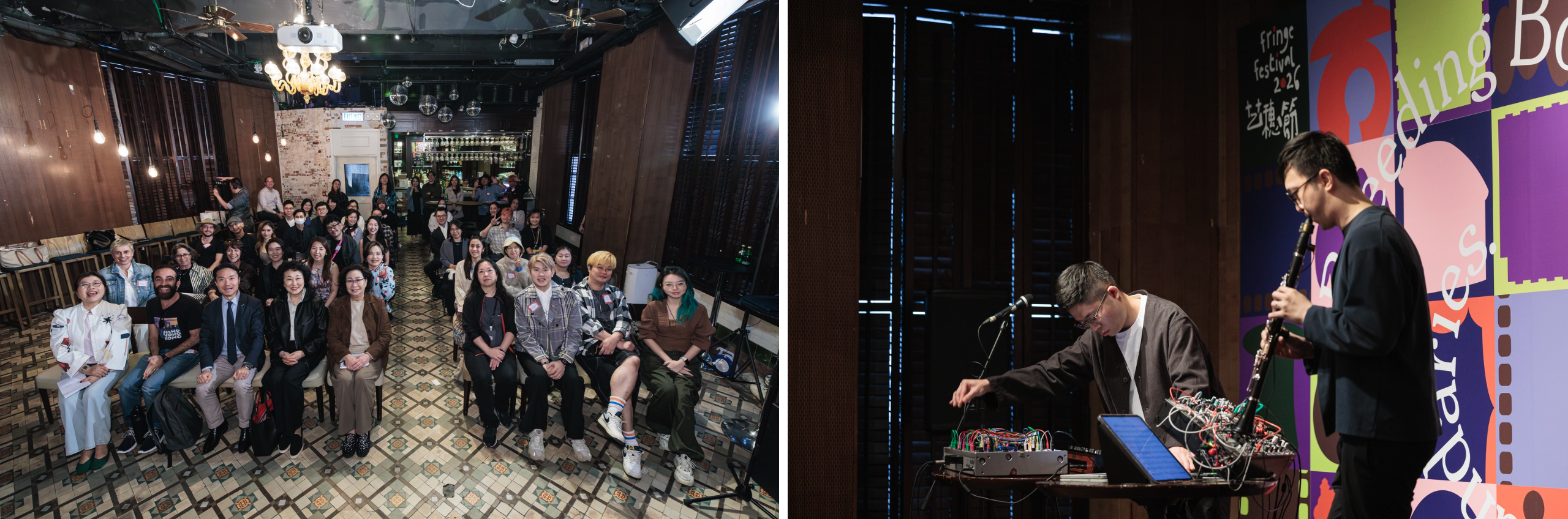 左至右:《藝穗節2026》開幕合照、開幕表演者 Chris Cheung 及 Linus Fung