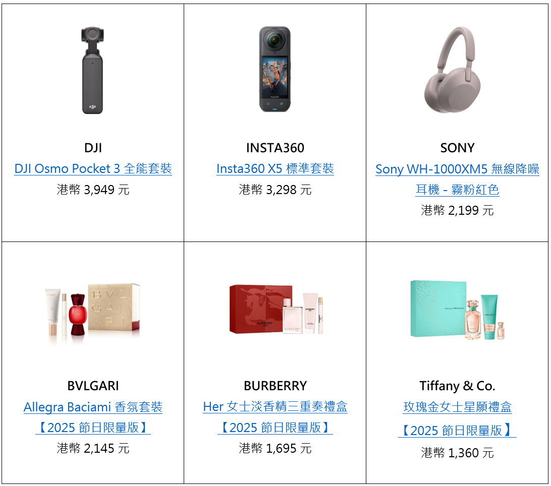 從聖誕節限定美妝香水禮盒、精選美酒及香檳、潮流電子玩意、美食禮盒等一系列精選節日禮品中挑選，為您及親朋送上最窩心的節日心意