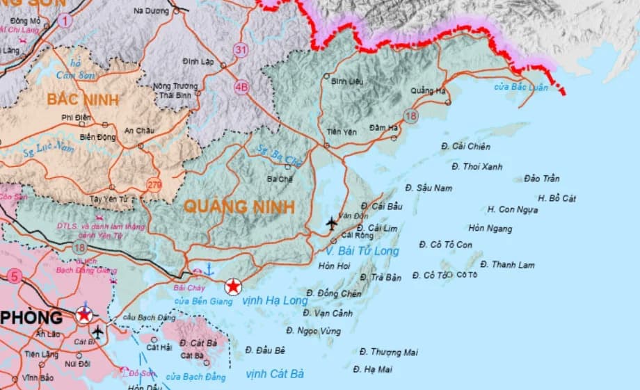 越南廣寧省地理位置示意圖，標示雲屯（Vân Đồn）特區所在區域及其與下龍灣、海防等北部沿海據點的相對位置。雲屯位於廣寧省東北部、臨近中越邊境與北部灣，被地方政府定位為新一代經濟特區與海島旅遊、服務業發展重點區域。圖片來源：Cafeland