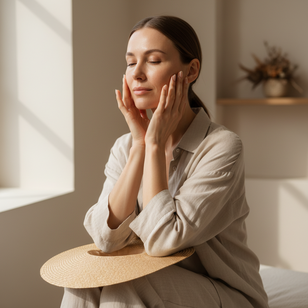 一名女性在明亮的室內環境中專注進行臉部護膚,雙手輕輕按壓面部,展現出頭皮護理的重要性。她穿著舒適的淺色服裝,坐在窗邊,享受放鬆的護膚時光,從而提升頭皮與肌膚的健康。