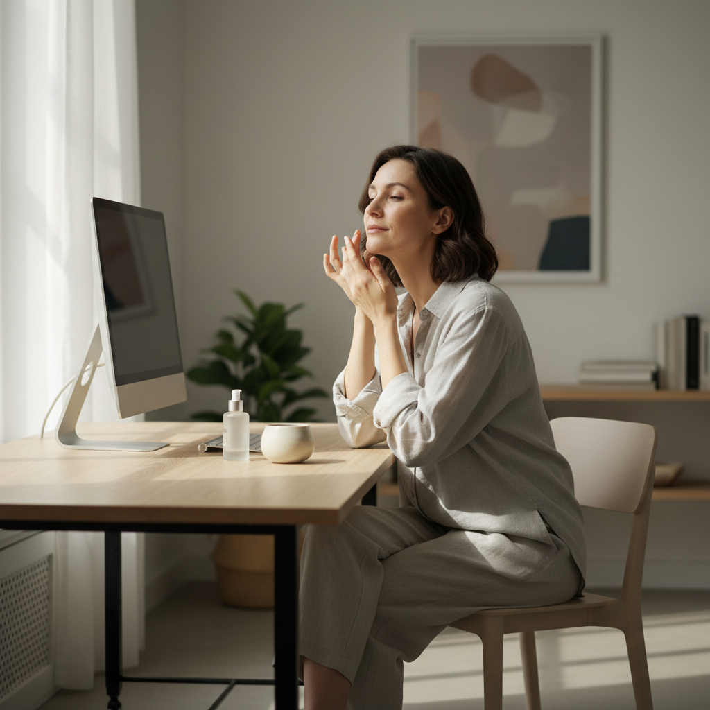 一位女性坐在桌前,專注地使用護膚品,背景中有桌上的護膚油、陶碗及電腦,展現舒適的頭皮護理氣氛。