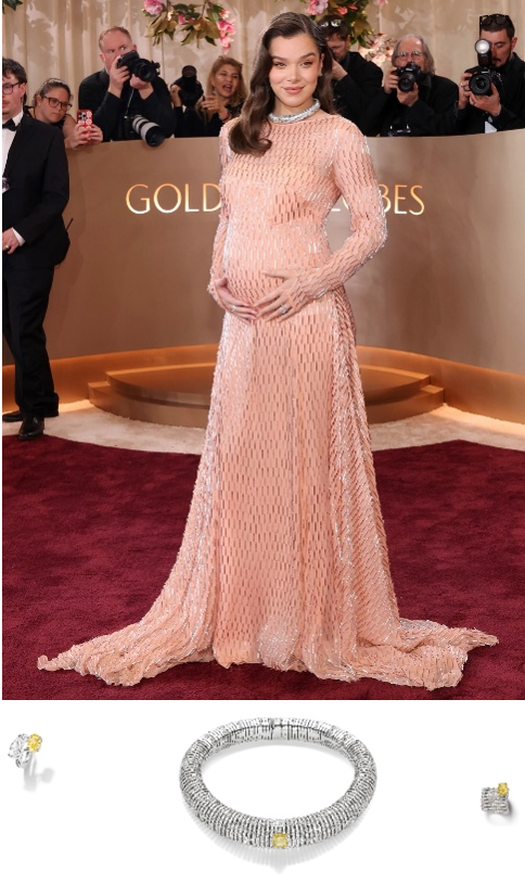 Hailee Steinfeld佩戴來自Repossi多件天然鑽石高級珠寶，包括Blast系列及Serti sur Vide系列的黃鑽高級珠寶；Repossi Blast系列高級珠寶黃鑽耳環、項鍊與戒指