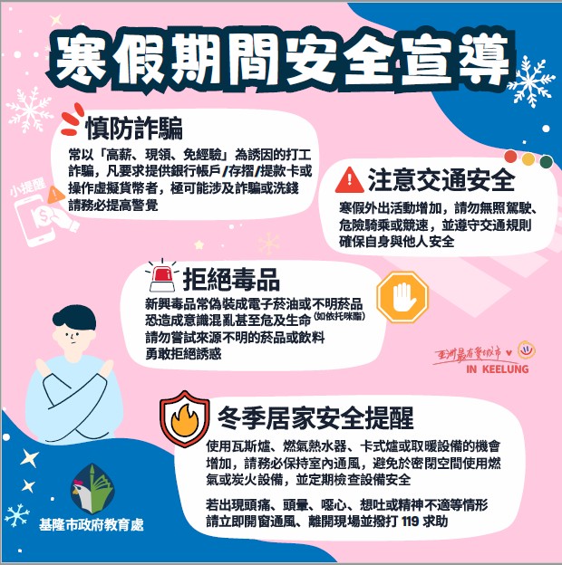 寒假打工與出遊機會增加 教育處提醒三大安全重點並籲防範冬季居家安全風險