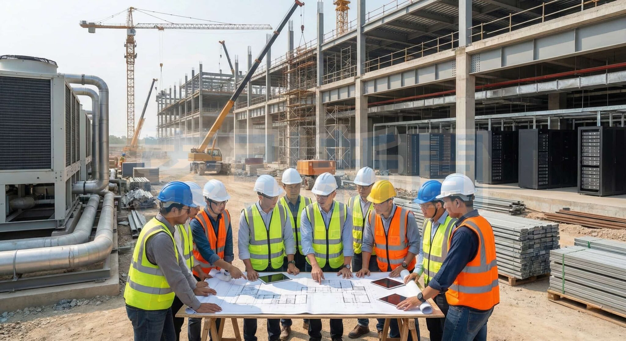 工程團隊在施工現場檢視設計圖與機電配置，凸顯資料中心建置對冷卻、能源管理與土建整合交付能力的需求。KJTS 近日與中建揚子江（馬來西亞）簽署合作框架，計畫共同爭取馬來西亞及區域市場的資料中心專案。（圖片生成自 AI）