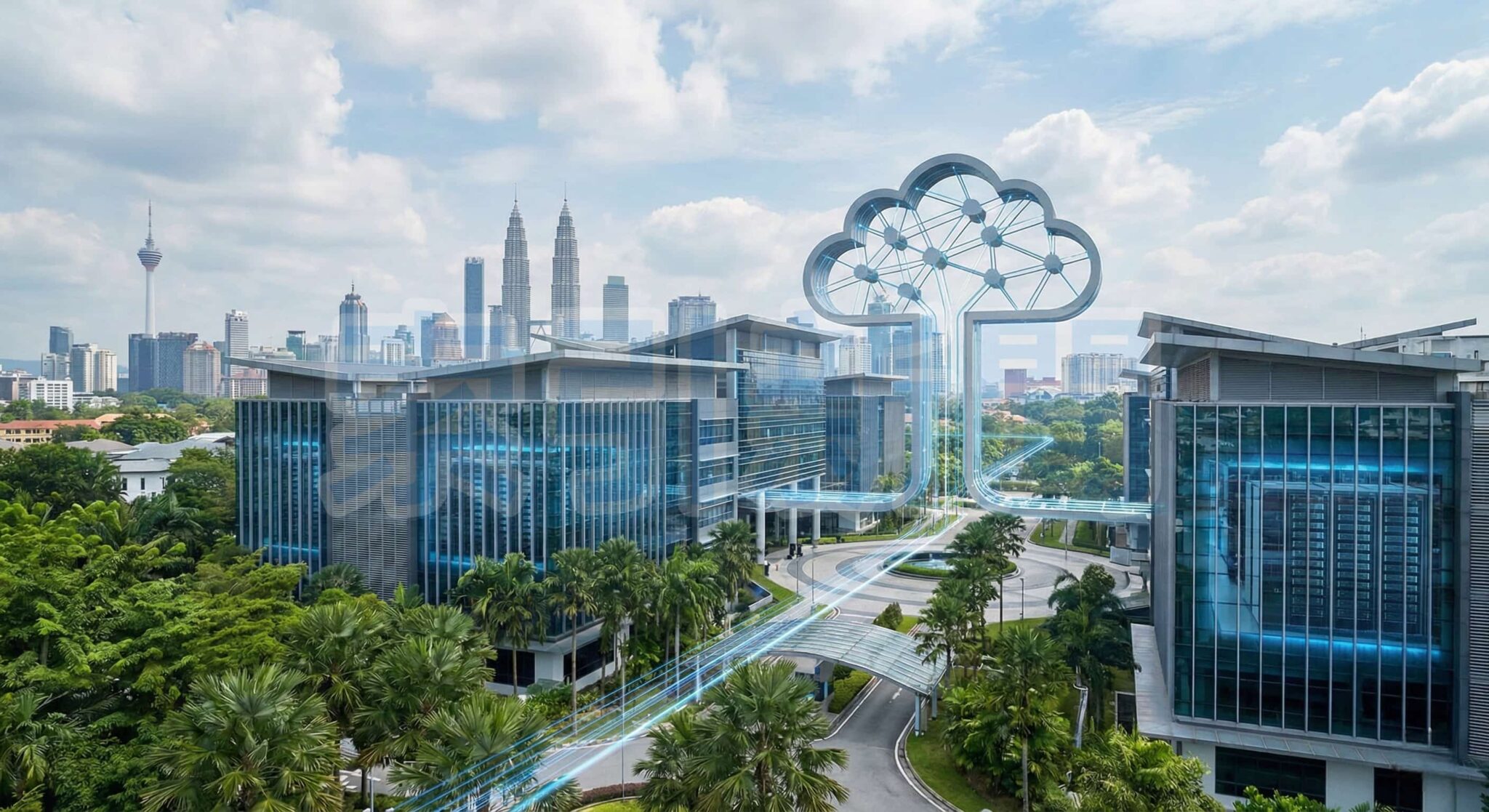 以吉隆坡城市天際線與雲端運算意象呈現雲端技能需求升溫。AWS 與在地業者 Exabytes 近日啟動約 110 萬美元的雲端與 AI 培訓計畫，鎖定 B40 與 M40 族群，並以學員結業、證照與就業成果作為撥款與成效追蹤指標。（圖片生成自 AI）