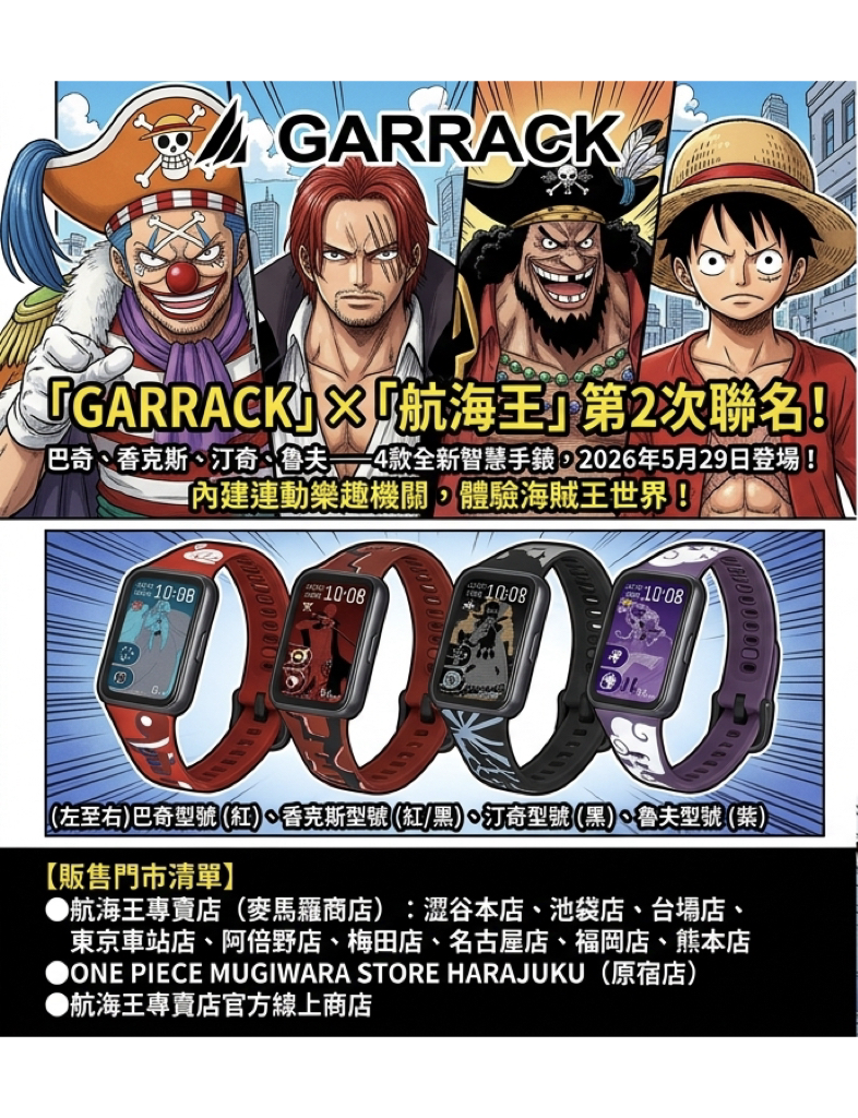 航海王聯名智慧手錶5月29日亮相!四皇造型與專屬錶面曝光 航海王聯名智慧手錶5月29日亮相!四皇造型與專屬錶面曝光