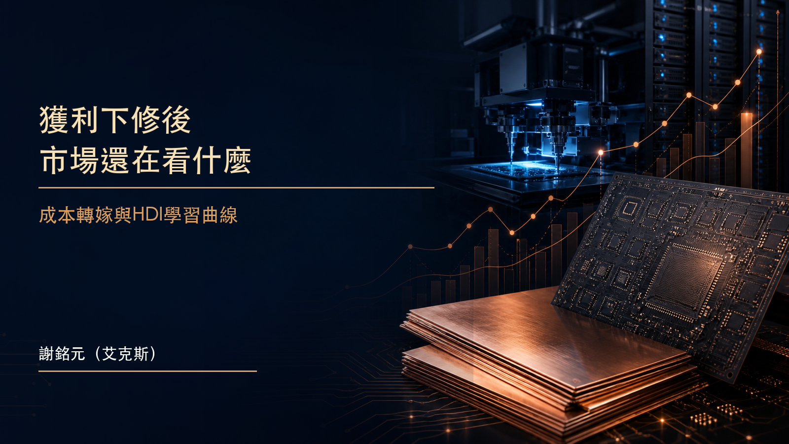 銅箔基板成本曲線與AI伺服器HDI電路板交會,象徵金像電毛利率與成本轉嫁壓力