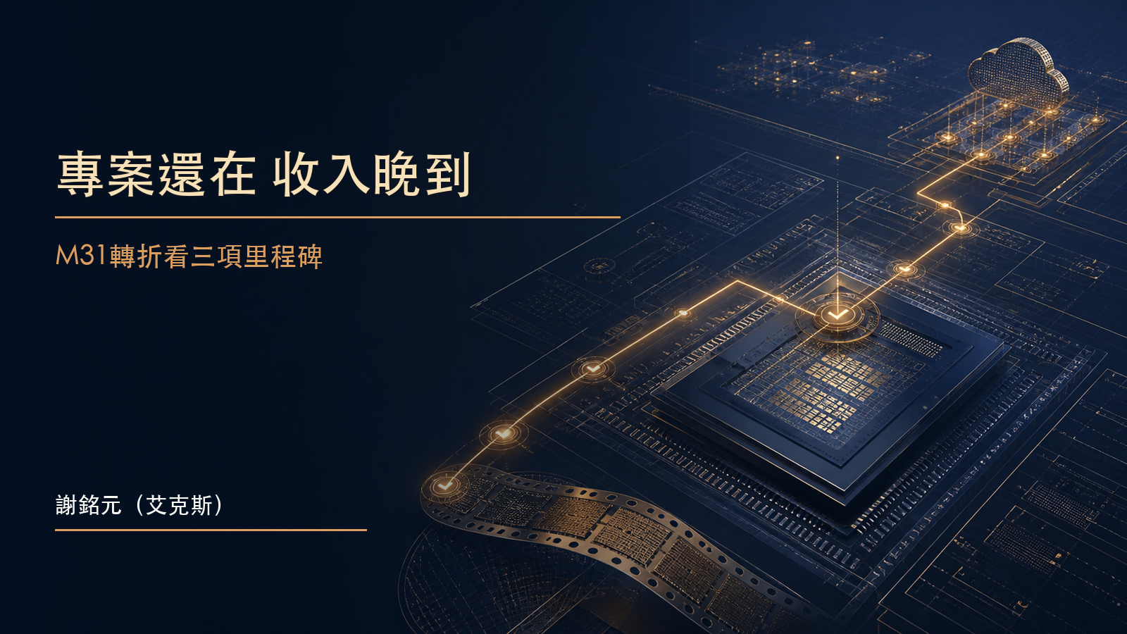 深藍晶片設計工作台上連結高速介面IP、投片節點與遞延收入光軌的財經示意