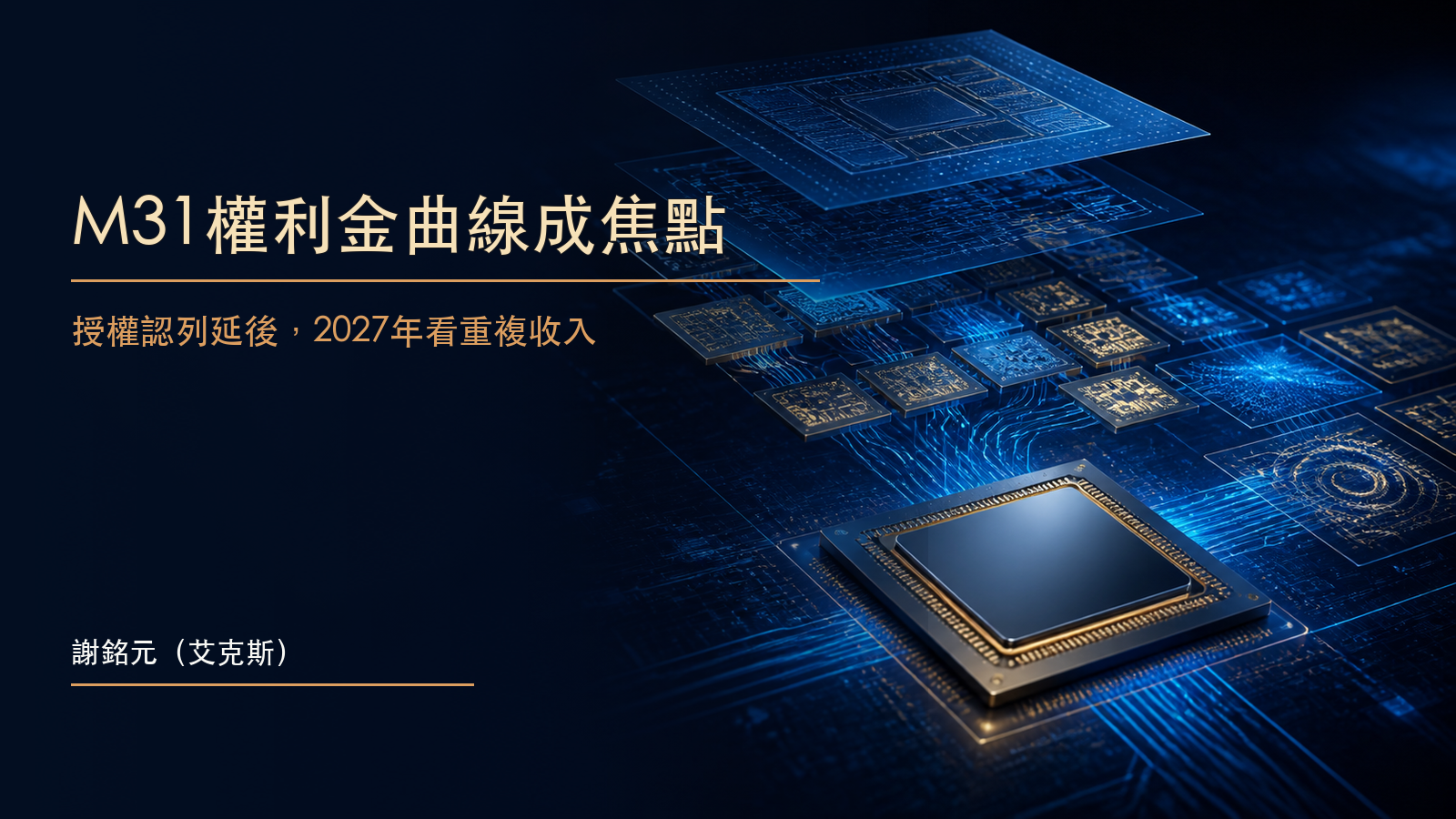 深藍背景上的金色半導體晶片與權利金流向抽象示意