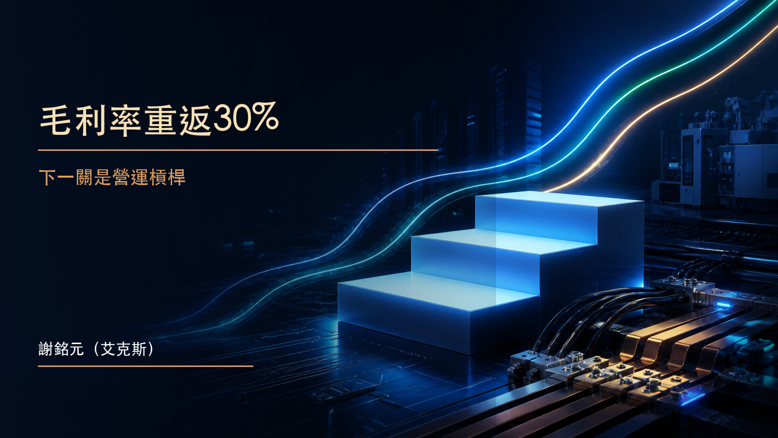 毛利率從28.8%跨越30%並走向32%的發光階梯,搭配營收與獲利曲線的原創示意圖