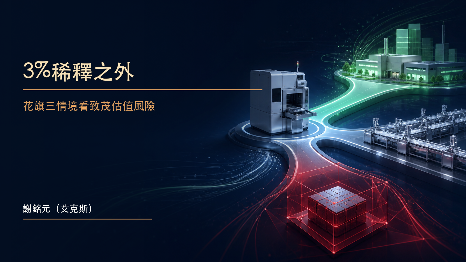 半導體測試機前方分成多頭、基準與空頭三條路徑,呈現致茂GDR營運與估值情境的原創示意圖