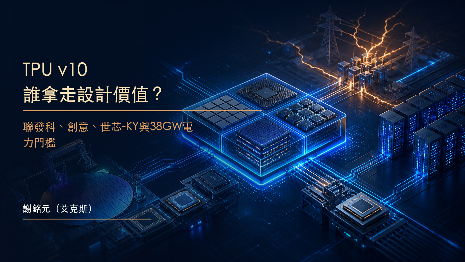 AI ASIC 被拆成多個設計與封裝模組，連接晶圓、資料中心機櫃及電力網的原創示意圖。