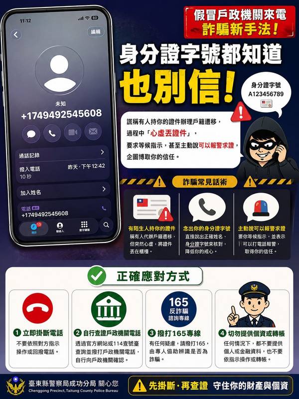 「身分證字號都知道」也別信!假戶政來電誆代辦遷籍 成功警籲先掛斷再查證