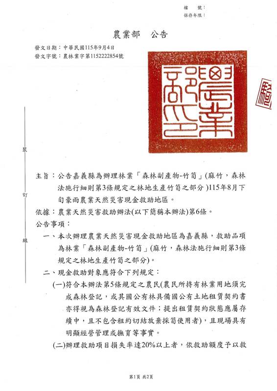嘉義縣辦理8月下旬豪雨林業「森林副產物-竹筍」(麻竹)現金救助,9月18日前受理申請