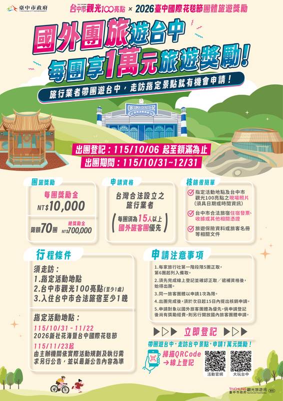 團體旅遊來台中每團獎勵1萬元 串聯花毯節與觀光100亮點 10/6開放登記