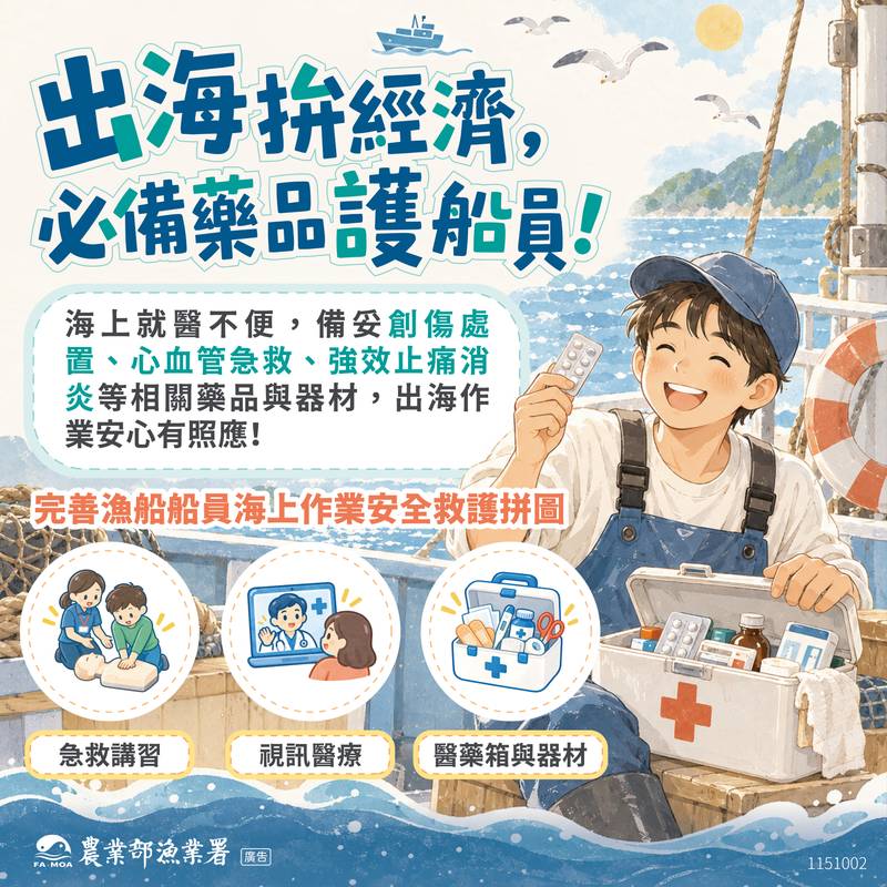 落實漁業人權與海上醫療保障 漁業署公告漁船醫藥箱藥品及器材配置清單