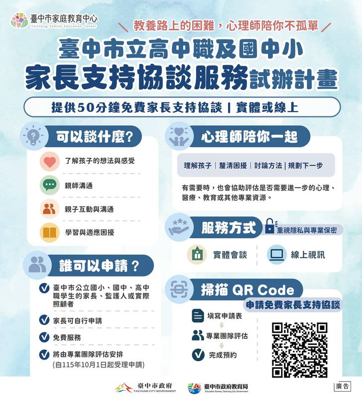 孩子教養卡關不必獨撐 中市支持家長試辦協談服務