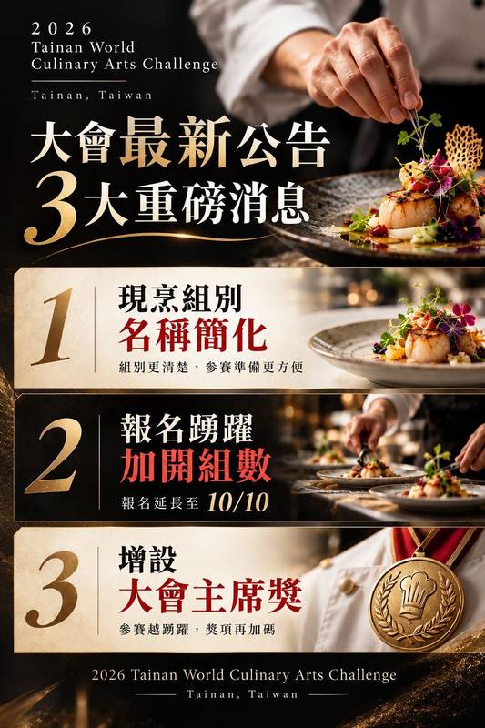 高手搶進臺南！2026世界餐飲藝術挑戰賽加開組數，報名延長至10月10日，並加碼贊助廠商提供冠名獎金