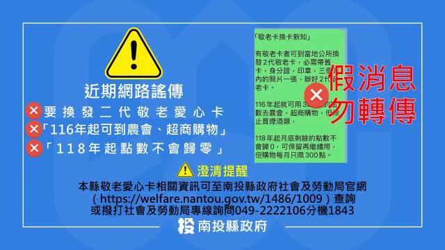 網傳換發二代敬老愛心卡點數不歸零為假訊息 縣府提醒民眾勿輕信及轉傳
