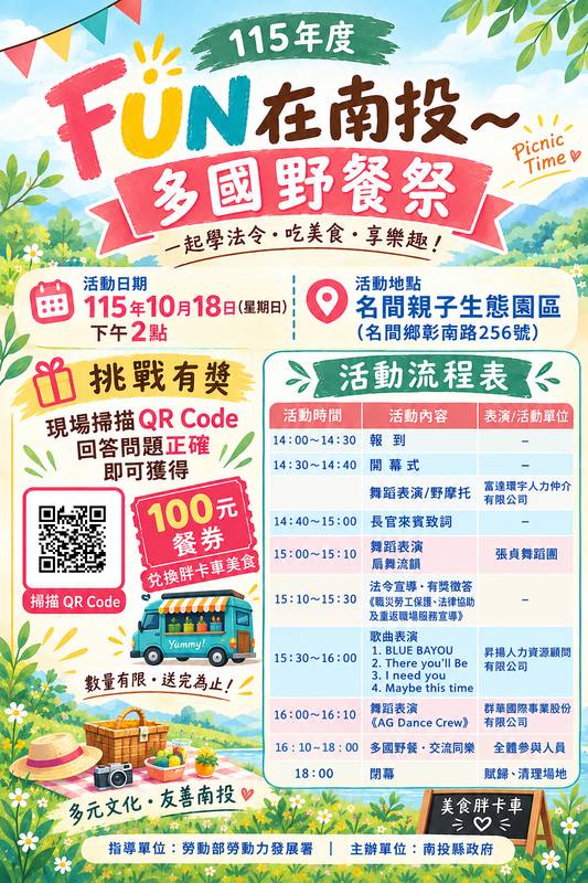 縣府10月18日舉辦「FUN在南投~多國野餐祭」邀您共度多元文化美好時光