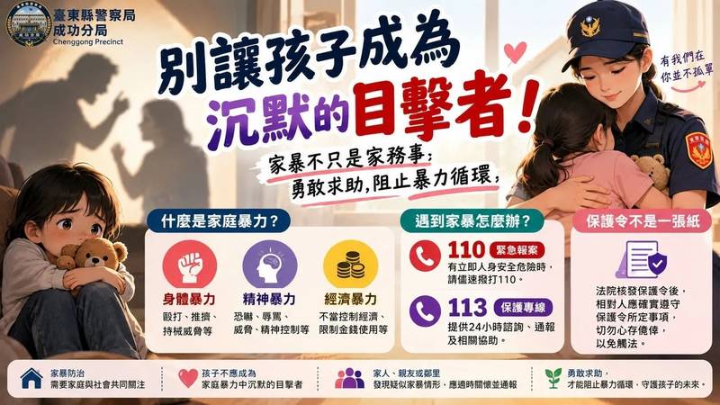 別讓孩子成為沉默的目擊者!成功警籲家暴不隱忍 勇敢求助阻止暴力循環