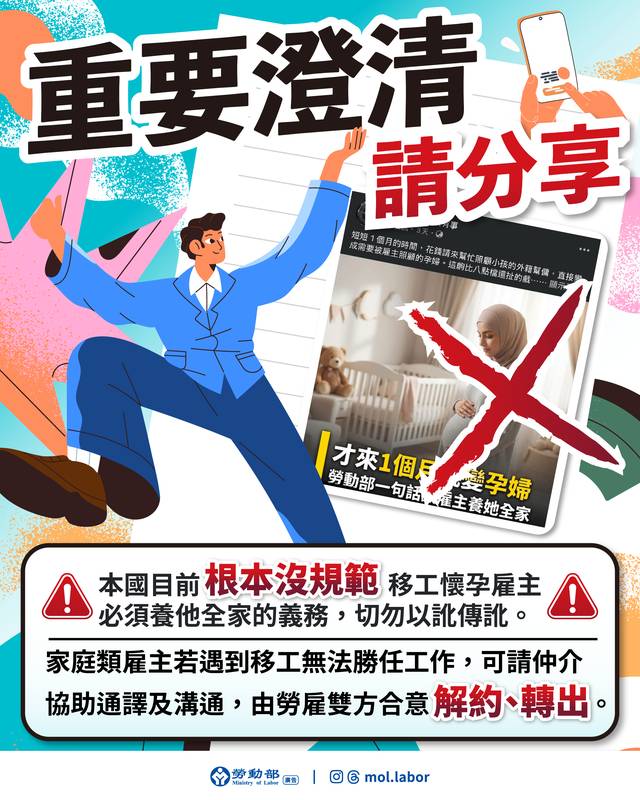 有關社群軟體上流傳貼文「移工懷孕勞動部一句話讓雇主養他全家」為嚴重錯誤資訊,勞動部澄清