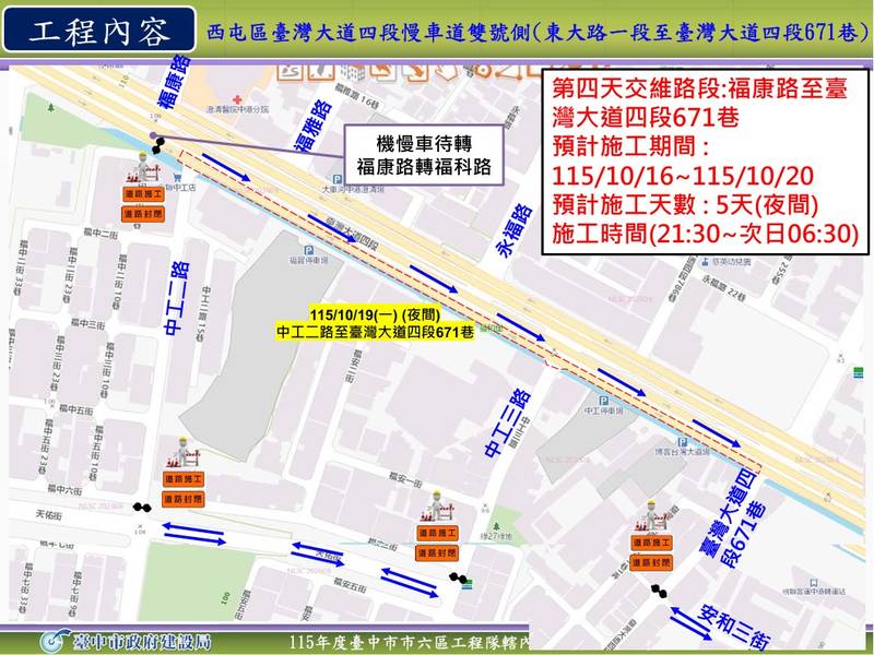 西屯台灣大道四段慢車道路面升級! 建設局10/16起連4晚分段燙平