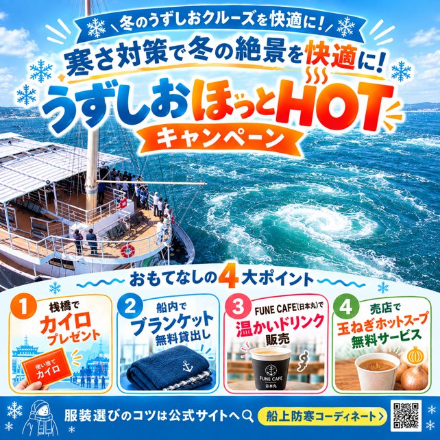 淡路島鳴門漩渦觀潮船冬季保暖活動 免費暖暖包、毛毯與洋蔥湯