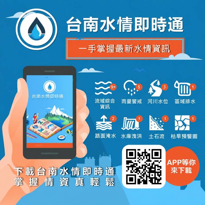 南市水情資訊隨手掌握！市長黃偉哲邀請市民下載「臺南水情即時通APP」，還有機會獲得防災避難包