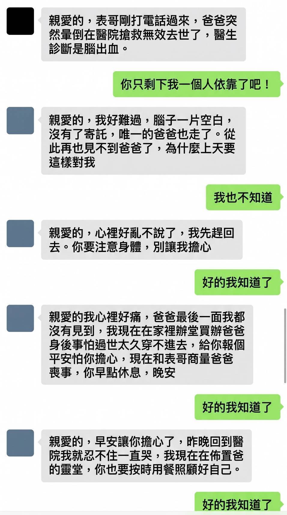 女網友傳訊哭訴父親腦出血過世
