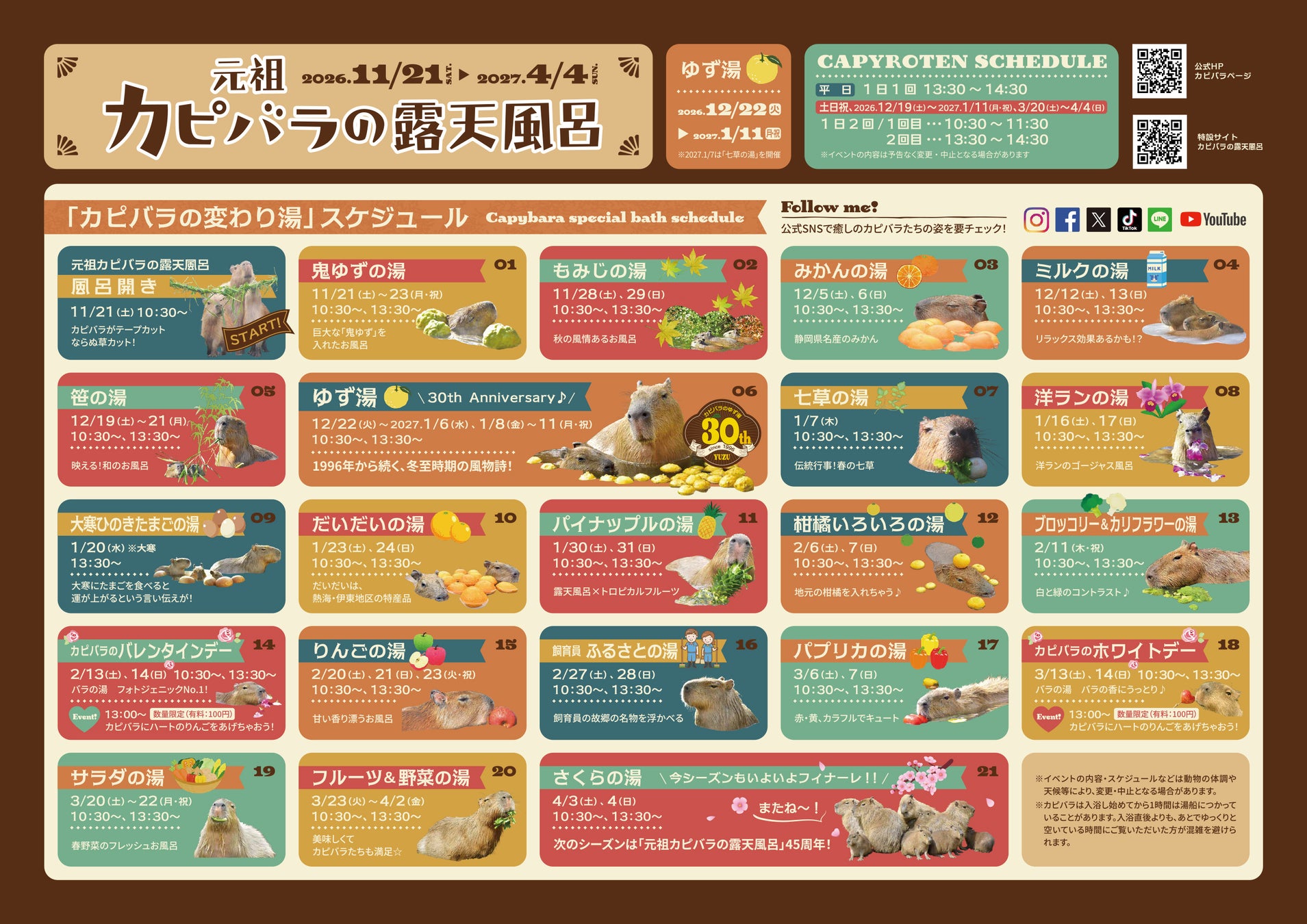 伊豆仙人掌動物公園「元祖水豚露天風呂」11月21日開湯 柚子湯迎30周年