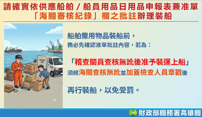 高雄關提醒船舶需用物品裝船前　務必依海關批註辦理