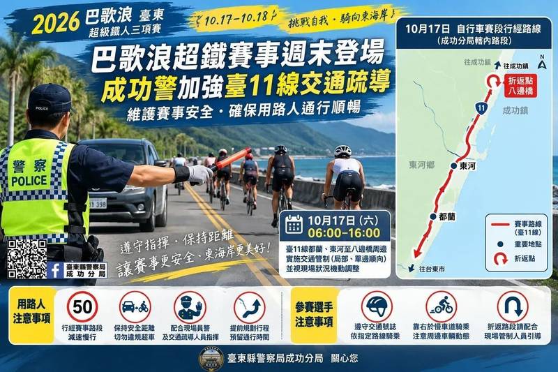 巴歌浪超鐵賽事週末登場 成功警加強臺11線交通疏導維護通行安全