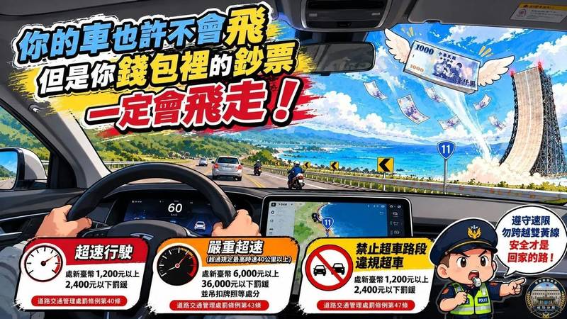 你的車也許不會飛，但錢包裡的鈔票一定會飛走！成功警籲臺11線勿超速、勿跨越雙黃線超車