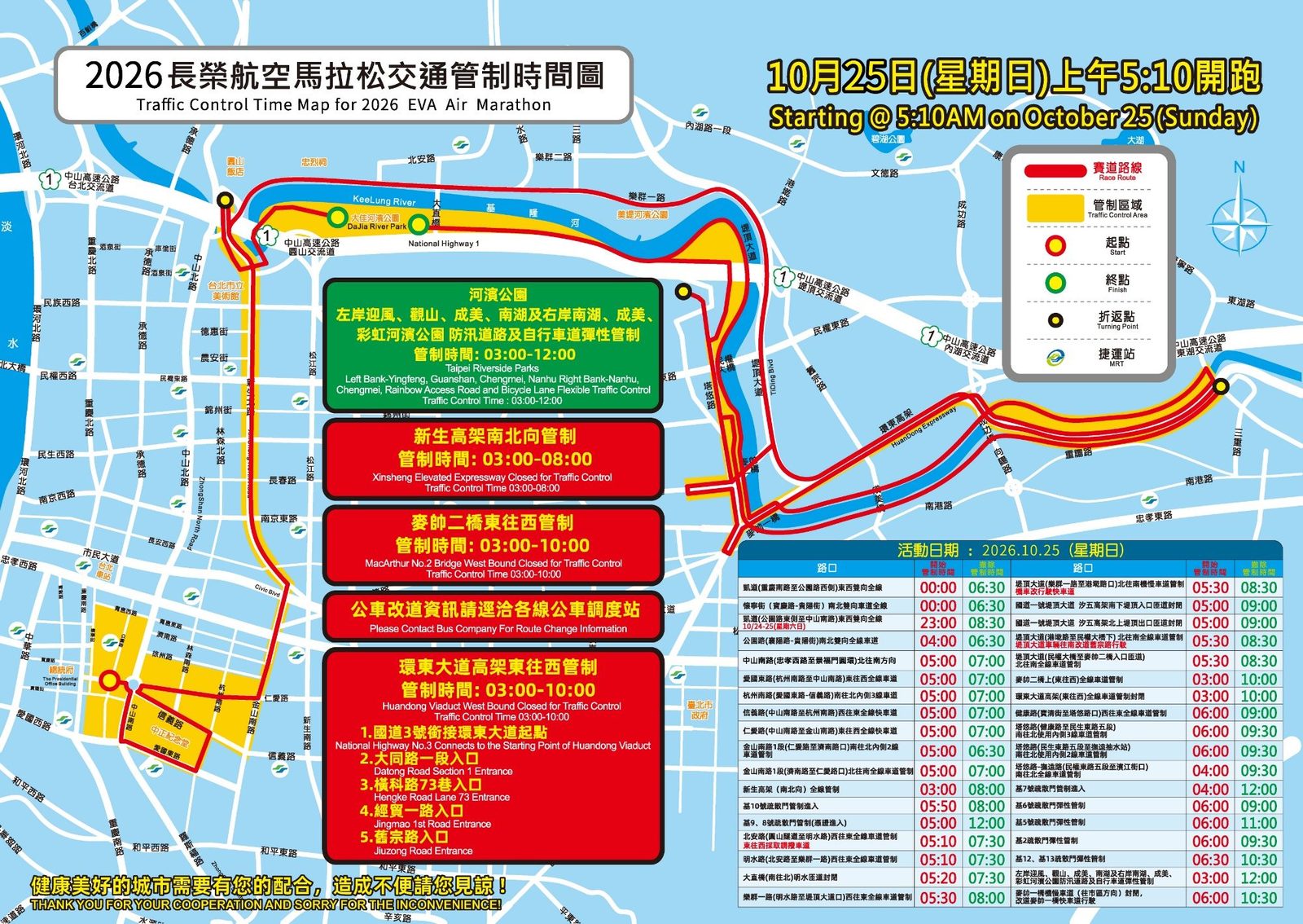 「2026長榮航空馬拉松」週日登場 相關交通管制措施,請用路人提前改道行駛
