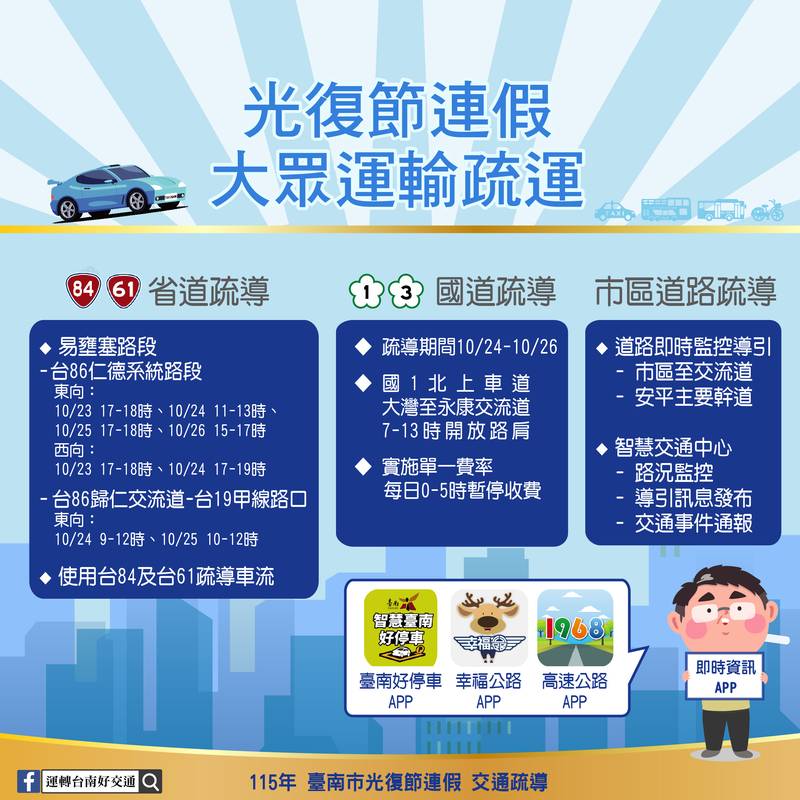 光復節連假10月24日至26日 台南市府加強路況疏導
