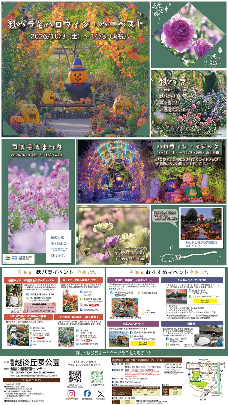 新潟國營越後丘陵公園秋玫瑰與萬聖節收穫祭至11月3日 週末假日延長到20:00點燈