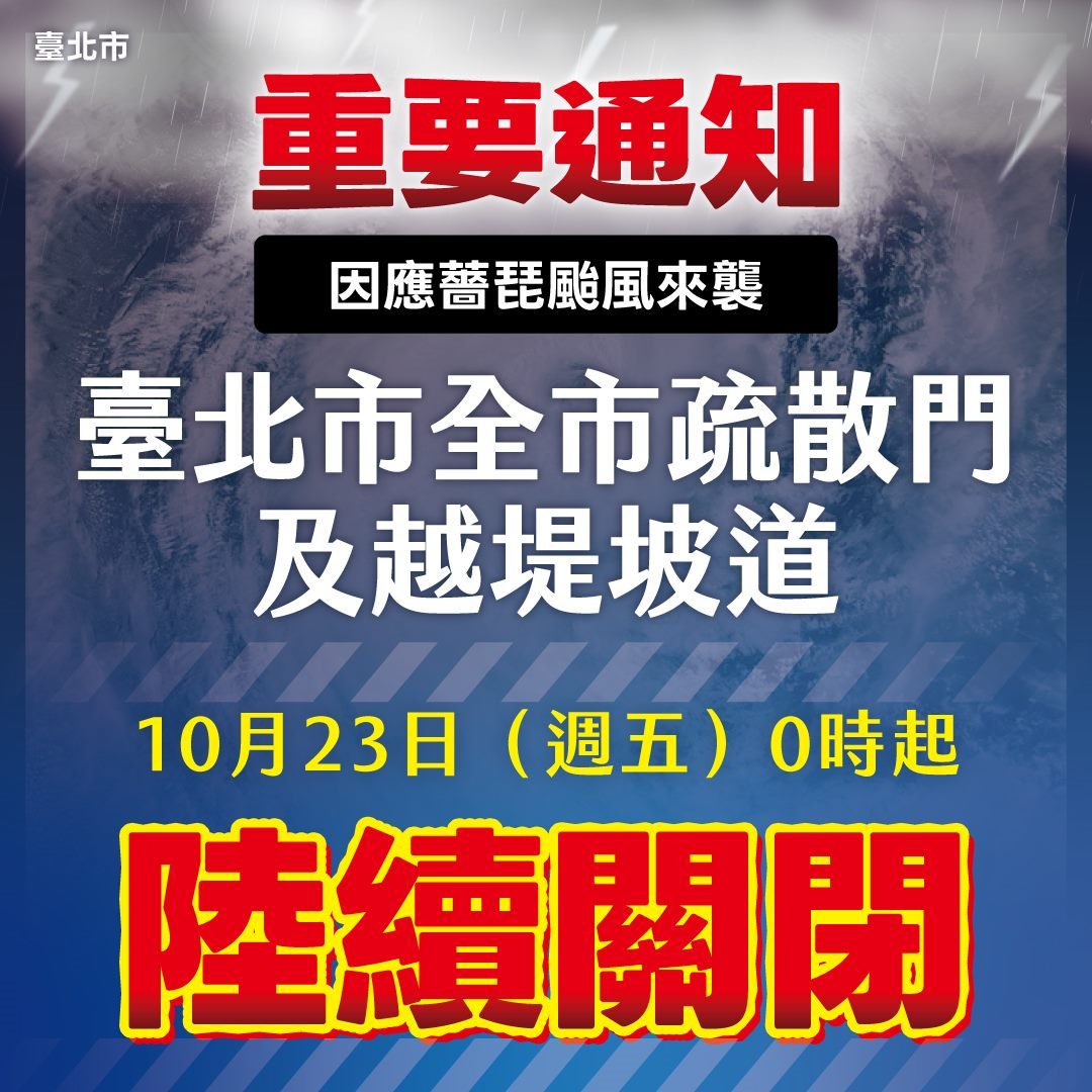 北市將於23日0時起陸續關閉全市疏散門及越堤坡道