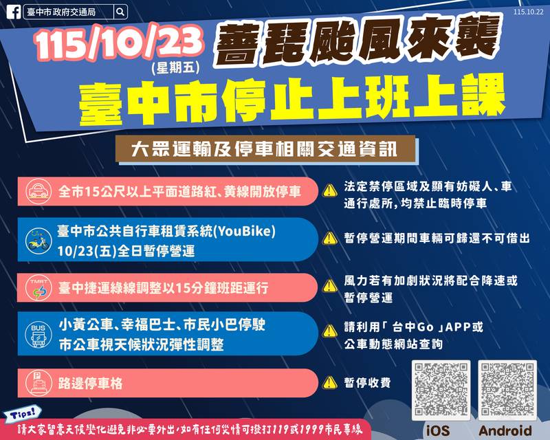 薔琵颱風台中停班停課 15公尺以上道路紅黃線開放停車