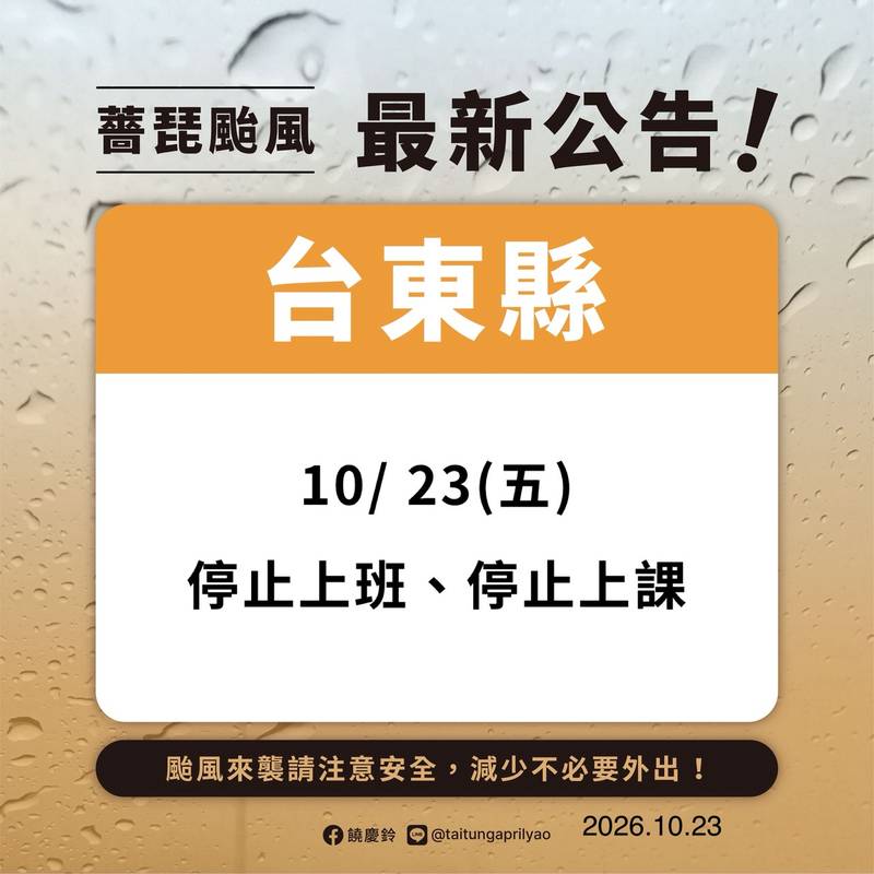 臺東縣已達停班課標準 今（10/23）日全縣停止上班、停止上課