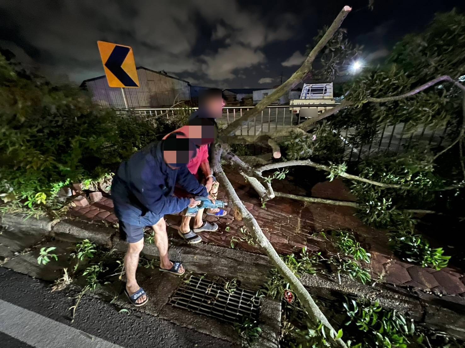 熱心民眾持電鋸協助切除倒塌路樹枝幹
