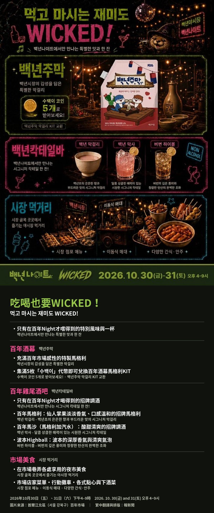 首爾江北區百年市場夜市「百年Night WICKED」 10月30、31日DJ派對、集幣換禮