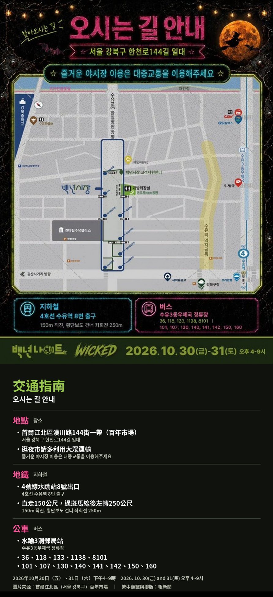 首爾江北區百年市場夜市「百年Night WICKED」 10月30、31日DJ派對、集幣換禮