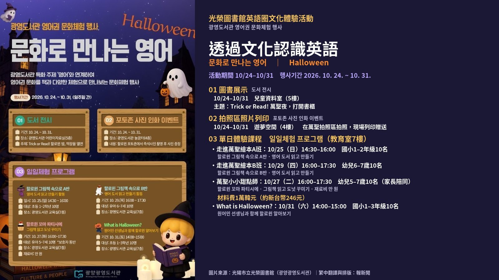 全南光陽光榮圖書館萬聖英語文化體驗 10月24日至31日書展、拍照區與親子課程