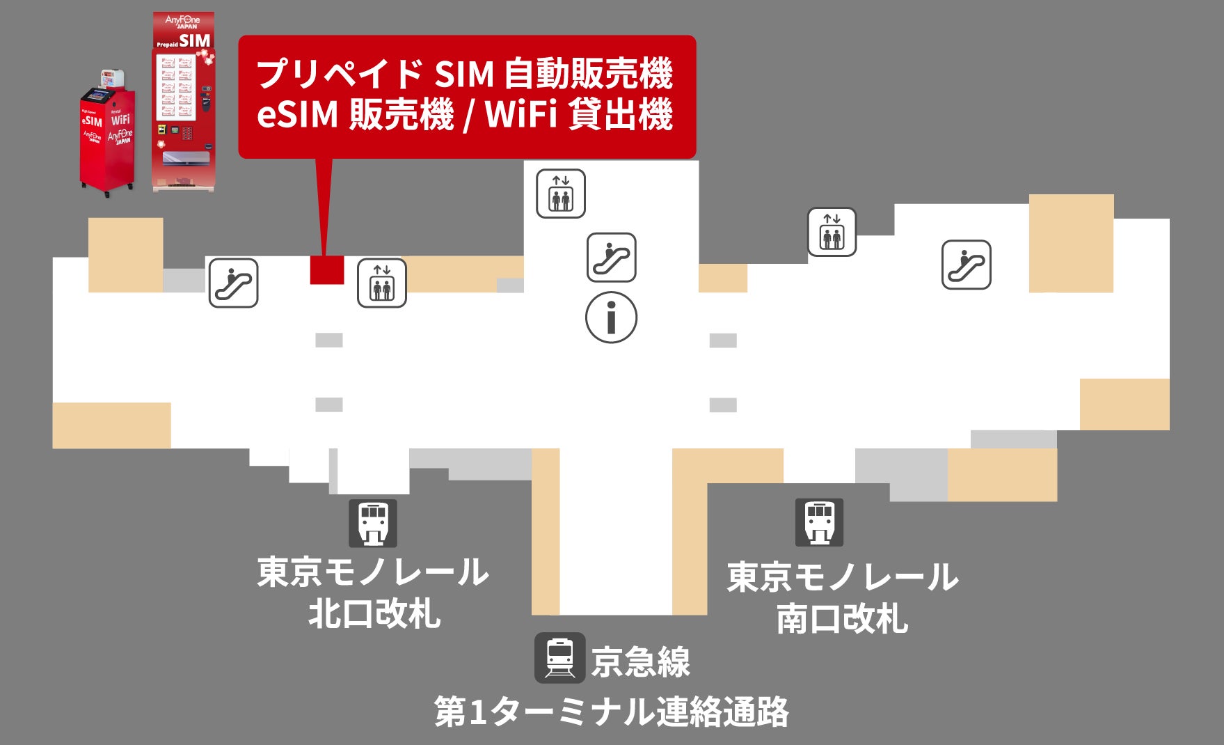 羽田機場第2航廈B1新設預付SIM卡、eSIM販賣機與WiFi租借機 每天5點至24點